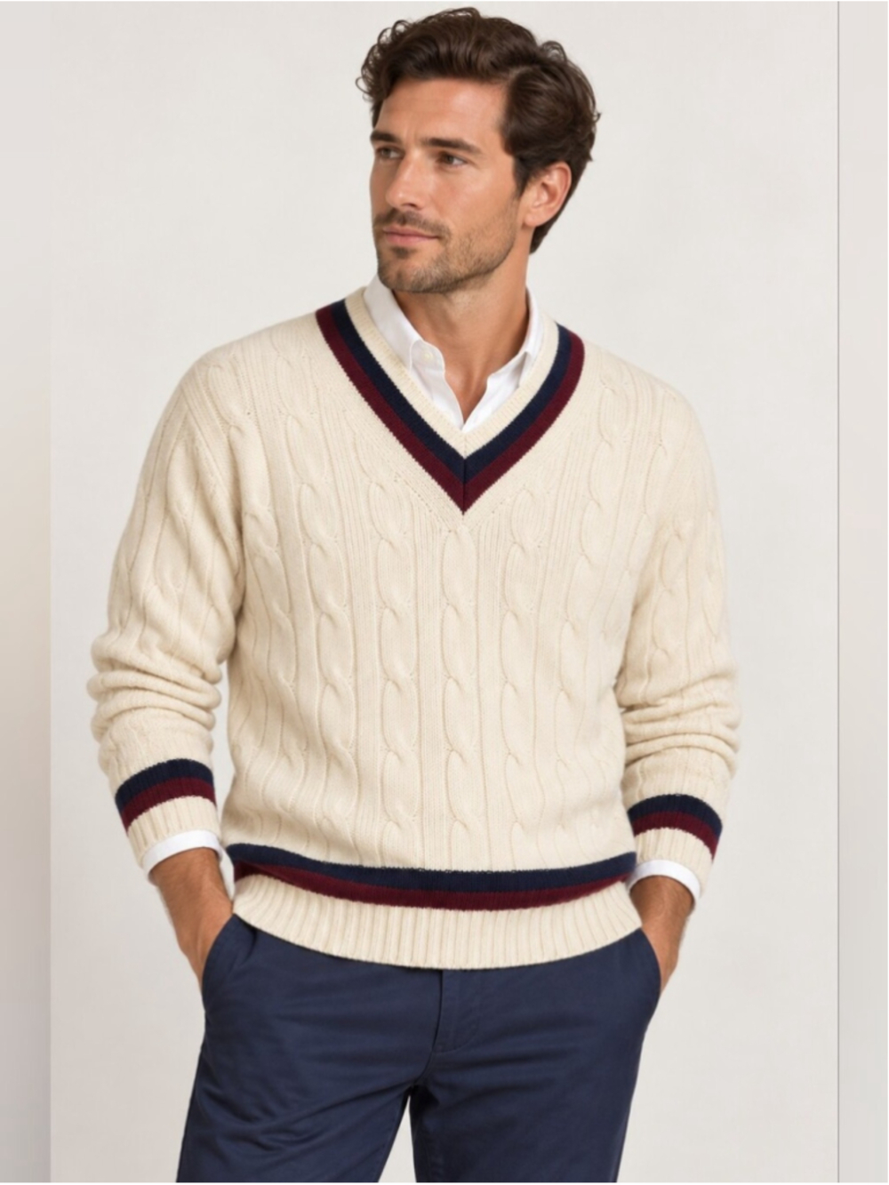 Alan Paine Men’s L Pure Cashmere Cable Knit Cricket Sweater Made in UK